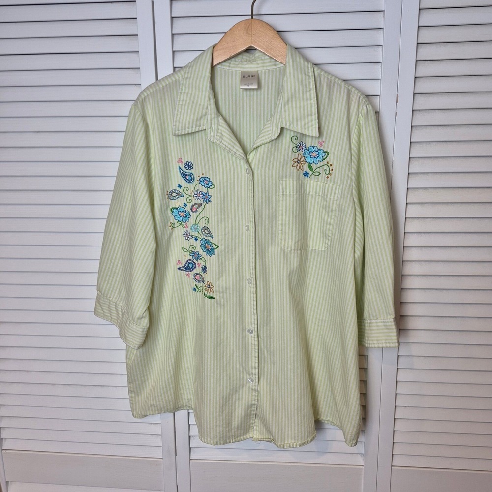 Blair‎ Button-Up Shirt Embroidered Floral Green White Striped 3/4 Sleeve Top XL